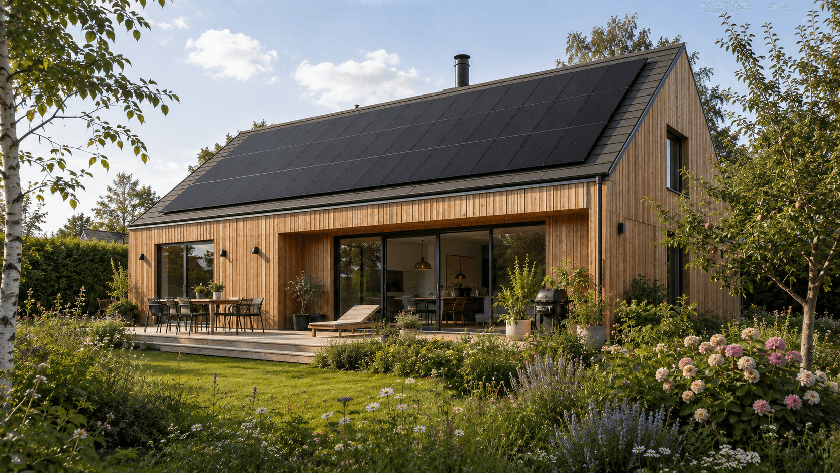 Rødt skandinavisk sommerhus med solceller på taget og frodig have